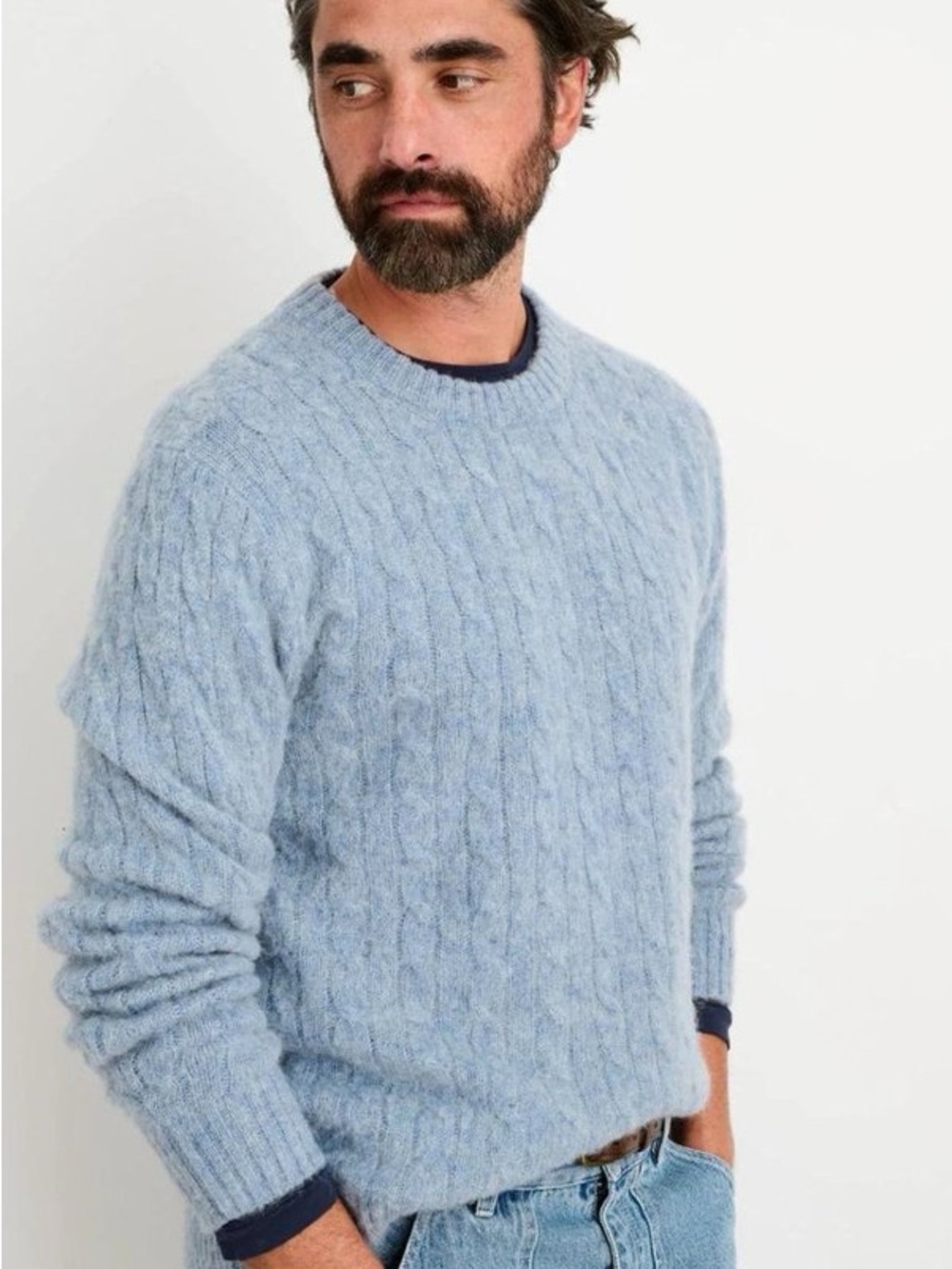 Alex Mill Pilly Cable Wood Crewneck Sweater In Heather Sky Size M